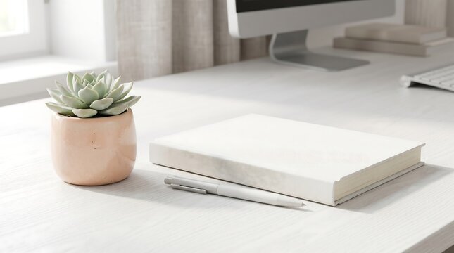 A clean and minimalist white desk setup, perfect for a calming virtual meeting background or a focused zoom call backdrop, enhancing professionalism and tranquility