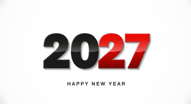 Bold new year graphic '2027' in black and red with 'happy new year' text below