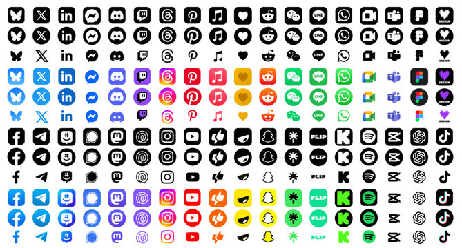 Threads, Instagram, TikTok, X, Facebook, Whatsapp, Twitter, YouTube, Telegram, Snapchat, Pinterest, Reddit, Messenger, WeChat, Line, Bluesky, Spotify and LinkedIn app icons. Set of social media logos