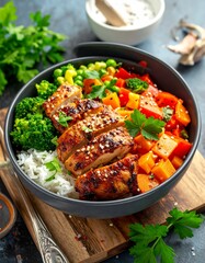 Fototapeta premium Hähnchen-Bowl mit Reis und Gemüse
