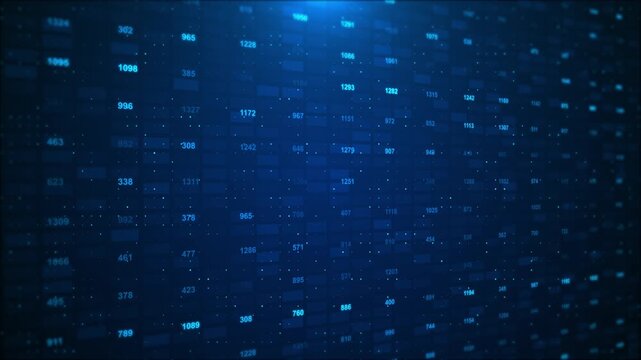 Blue number data matrix background floating digits, glowing panels, particles, dark analytics depth. finance business dashboards, database visuals, technology , software promos, and data overlays.