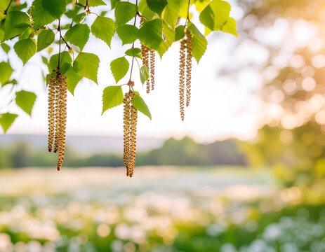 A close-up view showcases vibrant green birch leaves and delicate catkins hanging against a softly blurred landscape.