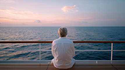 Fototapeta premium Person sits quietly on a boat deck and looks at the ocean and sunset during evening hours