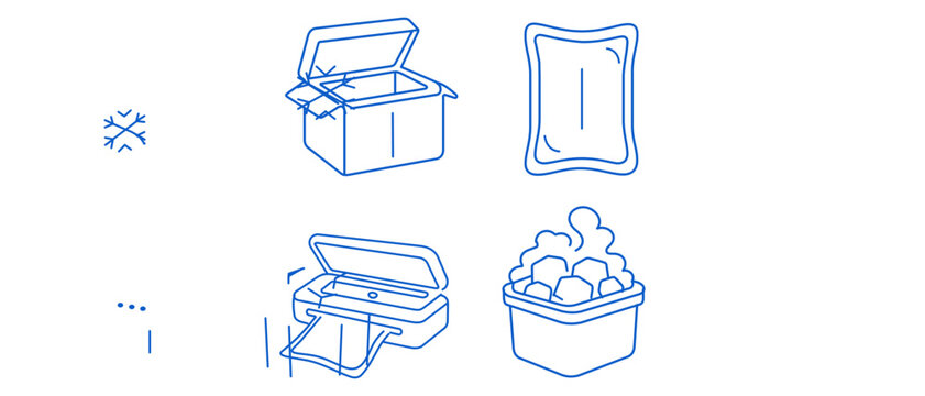 Temperature sensitive shipping vector icon set with editable stroke including insulated shipping box, frozen gel pack, vacuum sealer machine, and dry ice container for cold chain logistics management.