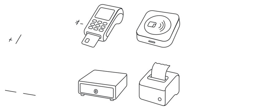Collection of 4 icons featuring retail checkout hardware including card payment terminal, contactless chip reader, steel cash drawer, and thermal receipt printer with editable stroke for design.