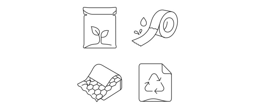 Collection of 4 icons for sustainable shipping featuring compostable mailer bag, water activated paper tape, honeycomb paper wrap, and recycled shipping label with fully editable stroke lines.