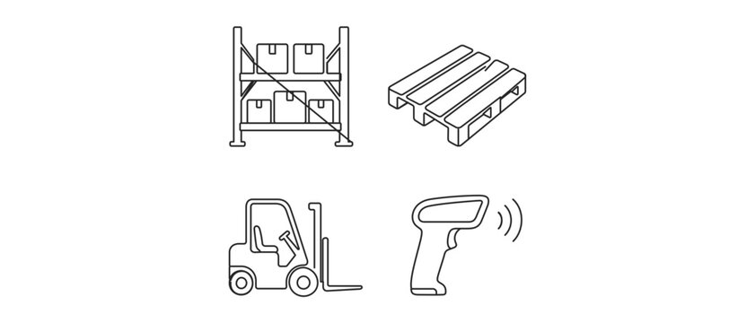 Professional ecommerce and logistics vector icon set with editable stroke featuring a warehouse pallet rack, industrial shipping pallet, heavy diesel forklift, and handheld RFID scanner device.