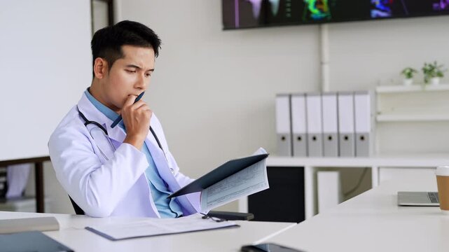 Professional doctor doing paperwork checking medical documents at workplace. Concentrated physician reading medic form analyzing patient diagnosis or report in hospital.