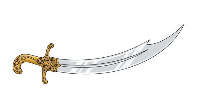 Illustration of a curved sword with a gold handle and silver blade on a white background.