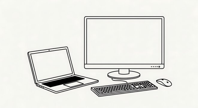 Vector graphic of computer, laptop, keyboard and mouse on a plain background