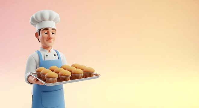 Friendly 3D baker character holding tray of fresh muffins, professional pastry chef in blue apron, bakery advertisement with copy space
