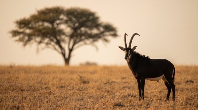 Sable antelope (hippotragus niger) with curved horns standing on dry meadow, South African savannah