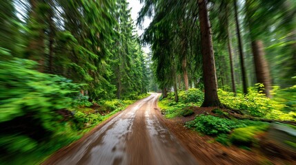 Fototapeta premium A scenic forest path winding through lush green trees on a rainy day.
