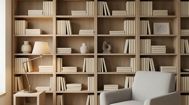 Professional virtual zoom background a serene reading nook. Wooden bookshelves, books, an armchair, and warm lighting create an ideal setting for online meetings