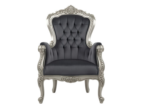 armchair, baroque, silver, gray, dark gray, tufted, upholstered, ornate, carved, furniture, chair, velvet, decorative, antique, vintag Baroque style armchair with dark gray upholstery and silver frame