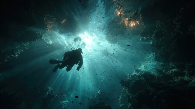 Scuba diver exploring underwater cave with cinematic sun rays