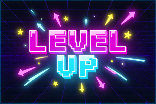 Pixel art level up text with neon lights and arrows