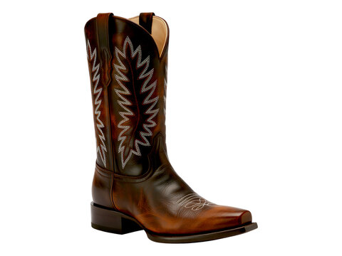 cowboy boot, leather boot, brown boot, white stitching, isolated, black background, western wear, footwear, fashion accesso Brown leather cowboy boot with white stitching, isolated on black background