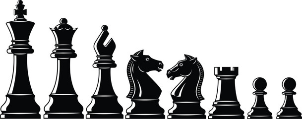 Chess Pieces Silhouette Illustration Set with King Queen Bishop Knight Rook and Pawn in Black Style for Strategy Game, Competition, and Board Game Design Projects. © Lipi