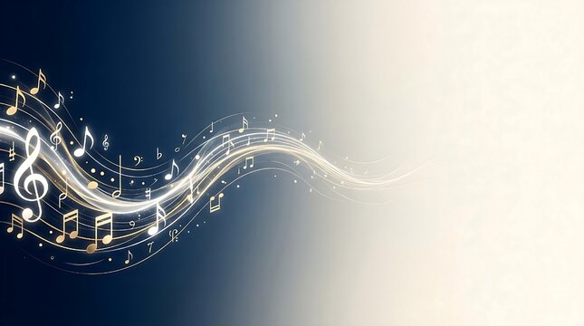 Music promotion banner with musical notes and wave design