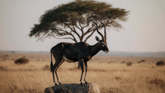 Sable antelope (hippotragus niger) with curved horns standing atop a rock, South African savannah,4K video