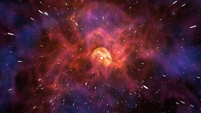 Cinematic space nebula with glowing central core and fast stars moving outward in a seamless 4k loop