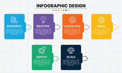 Naklejka premium Infographic design with colorful squares and flat icons representing business concepts