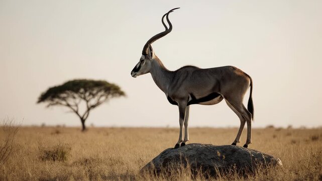 Sable antelope (hippotragus niger) with curved horns standing atop a rock, South African savannah,4K video