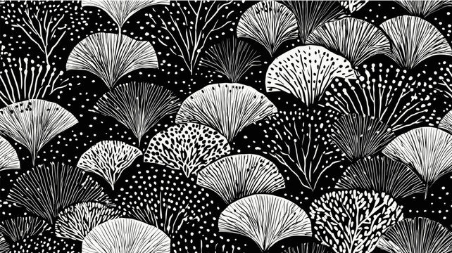 Japanese black and white scallop pattern graphic design. Seamless monochrome scallop graphic pattern creating a stylish fan texture background