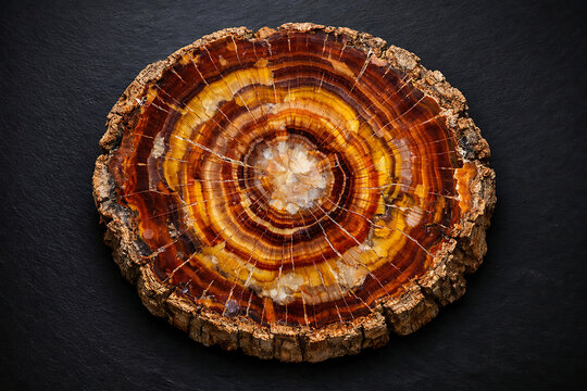 Petrified wood slice with concentric rings