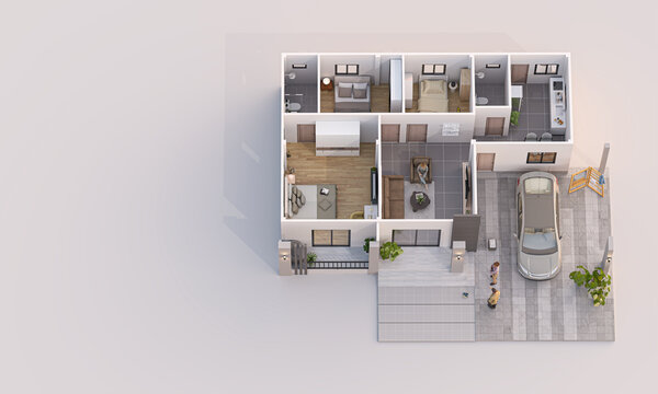 Top view 3D rendering of a residential house floor plan showing interior furniture layout, bedroom, living room, bathroom, kitchen, and parking space, isolated on white background.