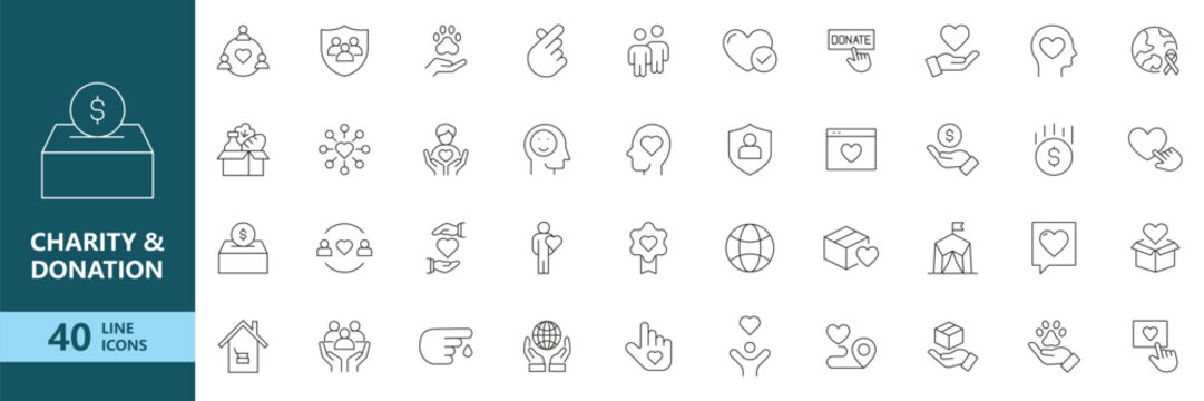 Charity donation line icons set humanitarian aid volunteer support outline vector collection