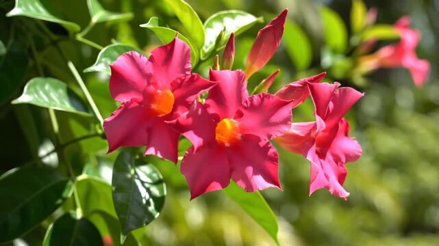Vibrant pink Mandevilla flowers in tropical garden, blooming Dipladenia vine with lush green leaves, exotic summer floral background