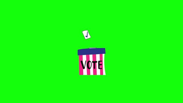 A 2D animated video of a cartoon voting box on a bright green background. Small ballot papers with check marks fall from above and drop into the slot of the box labeled VOTE. Clean vector style.