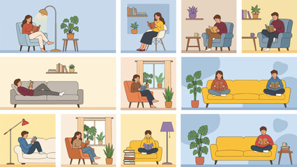 Fototapeta premium People reading books at home in cozy living room scenes with sofa armchair and indoor plants illustration set