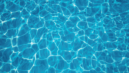 Fototapeta premium A clear turquoise swimming pool surface creates an abstract liquid texture with transparent blue ripples and sunlight reflections on the clean summer water