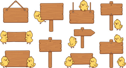 Fototapeta premium Cute Baby Chick Mascot Collection with Blank Wooden Signs and Rustic Directional Boards for Spring Easter Holidays Educational Materials and Kids Party Design Projects