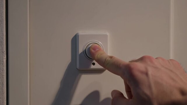Man Pressing White Doorbell Button on Interior Wall