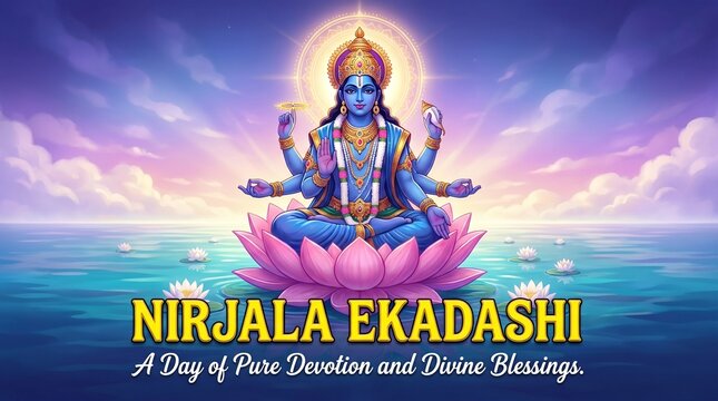 Lord vishnu seated majestically on a lotus in a serene ocean symbolizing nirjala ekadashi devotion and divine