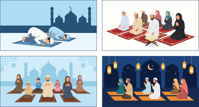 Islamic prayer scenes collection with Muslim men women and children performing salah in mosque and at home illustration set