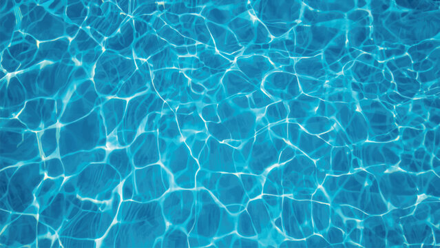 A clear turquoise swimming pool surface creates an abstract liquid texture with transparent blue ripples and sunlight reflections on the clean summer water