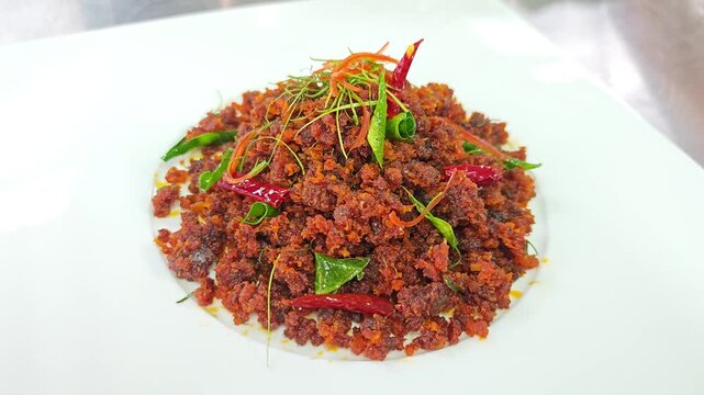 Gourmet Thai crispy stir-fried catfish with red curry paste and aromatic herbs.
