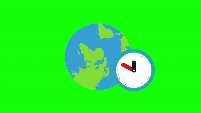 Global time and deadline concept animation. A clock next to planet Earth on a green screen, symbolizing international time zones, world events, climate change deadlines, and urgency.
