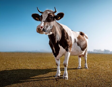 A brown and white dairy cow grazes on green grass in a rural meadow pasture near the beach, showcasing domestic livestock and agriculture in a serene nature scene