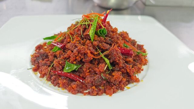 Traditional Thai "Pla Duk Fu Pad Prik Khing" served on a modern white plate.