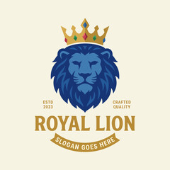 This majestic lion logo features a vibrant blue mane and a golden crown, symbolizing royalty and strength, perfect for brands seeking a regal and powerful identity. © hui zhao