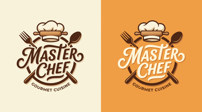 This logo showcases the title 'Master Chef' with cooking tools, emphasizing gourmet cuisine and a professional culinary atmosphere, appealing to food enthusiasts and chefs.
