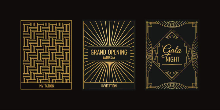 Art Deco invitation cards with gold geometric patterns, gala night, and grand opening designs on black background