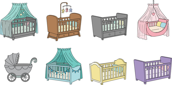Baby cribs and carriage illustrations with diverse styles, colors, canopies, and decorative nursery furniture designs