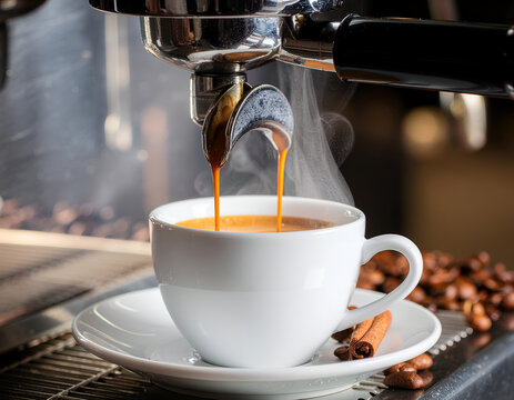 A close-up shot captures the moment espresso is being extracted into a white cup, surrounded by coffee beans and a cinnamon stick, showcasing the rich, aromatic process of coffee preparation.